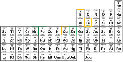 Figure 1. Part of the periodic table highlighting some of the elements shown to be bound by siderophores. Those highlighted in green (Mn, Fe, Zn) are essential for growth and those in yellow (B, Si, Cu) are helpful for survival or signaling. [Source](https://commons.wikimedia.org/wiki/File%3APeriodic-table.jpg).
